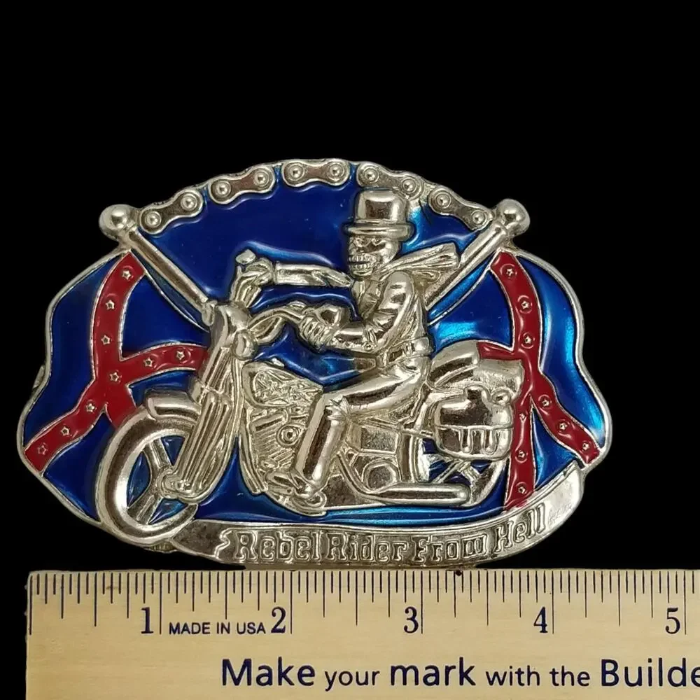 Rebel‎ Rider From Hell Motorcycle Skeleton Enamel Stamped Belt Buckle
